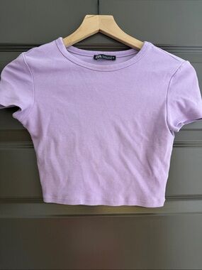 ZARA Lilac Crewneck Short Sleeve Crop Top
